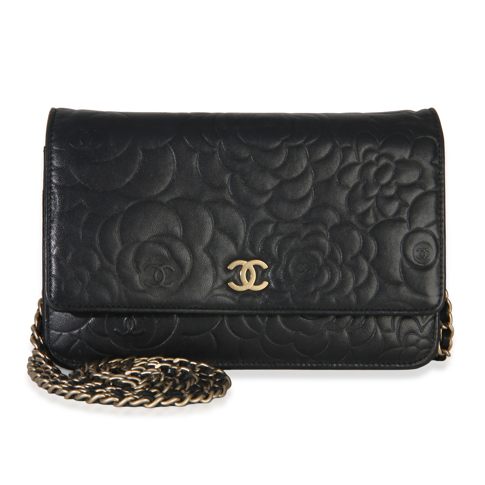 Chanel Black Camellia Lambskin Wallet on Chain